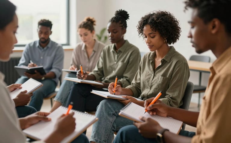 An interactive sales training intensive taking place in a bright, contemporary Southern African / South African corporate space. Participants are engaged in a workshop, using slate grey notebooks with vibrant orange pens. The lighting is warm and natural.