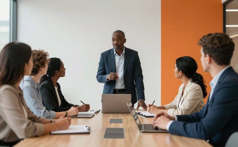 A professional sales strategy session in a modern Southern African / South African office. A mentor figure leads a group of focused professionals around a sleek table. The room features soft white walls and vibrant orange decor accents. The atmosphere is collaborative and results-oriented.