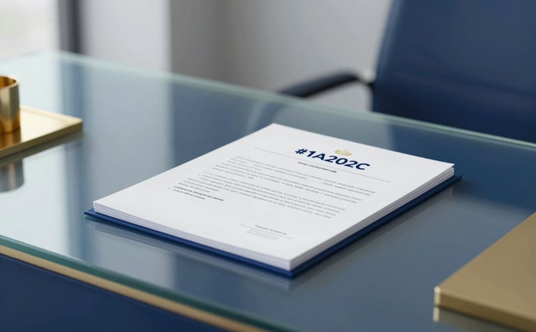 A high-end, minimalist office setting in Riyadh with a sleek glass desk and professional government documents. The color palette features deep blues (#1A202C) and warm gold accents (#B8936F). Sophisticated and clean aesthetic.