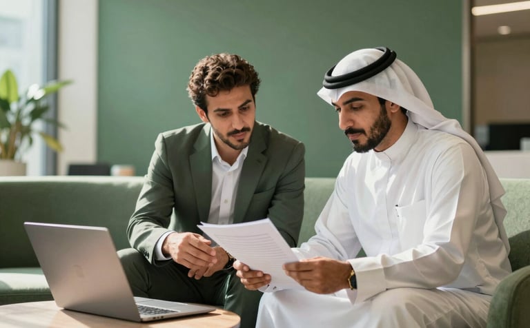 Two professional consultants, one in a modern suit and one in traditional Saudi attire, reviewing documents in a sunlit Riyadh office lounge. The scene uses muted greens (#5F776C) and off-white (#F8F5EE) for a modern, trustworthy vibe.