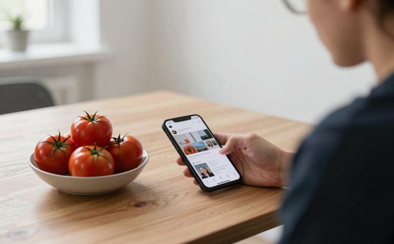 Photography of a professional content planning session in a bright Northern European studio. A wooden table holds a bowl of ripe red tomatoes and a smartphone displaying a social media feed. Natural soft light, clean lines, with a sophisticated professional atmosphere.