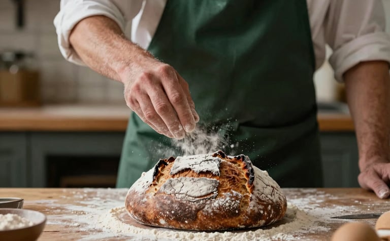 Close-up photography of an artisanal baker in a rustic Northern European kitchen dusting flour over a dark crusty loaf of bread. Warm indoor lighting, deep forest green apron, focus on textures and artisanal craft.