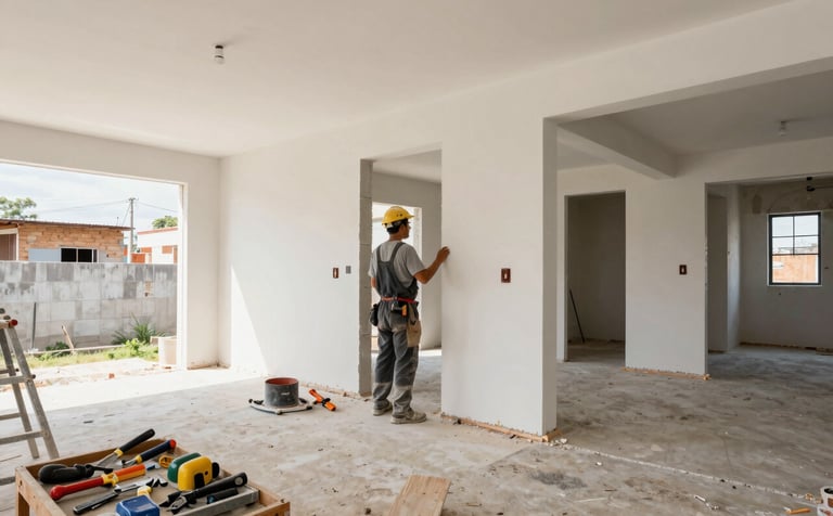 A wide angle interior view of a renovation project in a South American urban house. Professional masonry work is visible in the structured changes to the layout. The scene is bright and clean, with tools neatly arranged, representing expertise and modern construction standards. Palette of off-white and charcoal.