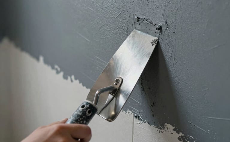 Close-up of a modern wall finishing process in a Brazilian residence. A stainless steel trowel is applying a smooth layer of gray plaster. The composition is clean and technical, emphasizing precision and the high-quality finish typical of professional masonry work. Palette of dark blue-gray and light gray.