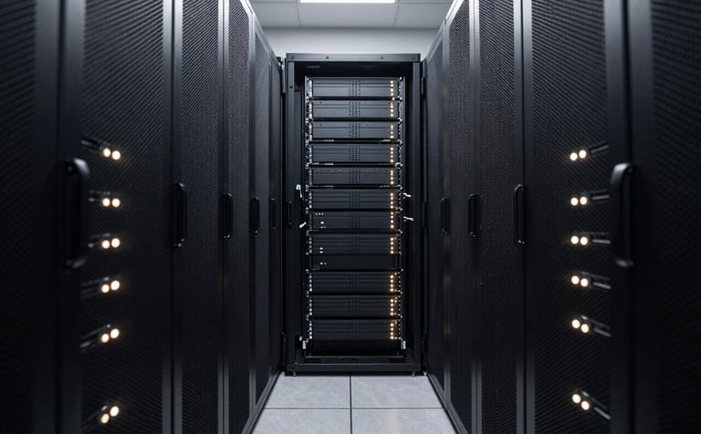 An architectural view of a clean data center aisle. Ebony black server racks are lined with soft off-white indicator lights. The perspective is symmetrical and authoritative, embodying modern technology infrastructure.