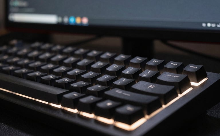 A close-up of a high-end ebony black mechanical keyboard with soft off-white backlighting. A blurred deep charcoal monitor in the background shows a minimalist terminal interface. Sharp focus and high-contrast professional photography.