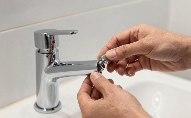 Close-up of a skilled specialist's hands installing a high-end chrome faucet in a minimalist Northern European / German / Hamburg bathroom. The background consists of Mist White tiles. Professional, sharp focus.