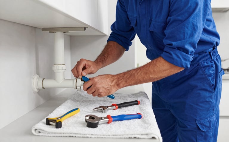 A professional plumber in a modern Northern European / German / Hamburg kitchen, wearing a Deep Ocean Blue uniform, fixing a pipe leak. Modern tools are laid out neatly on a Mist White towel. Bright, clean lighting, high-end photography.