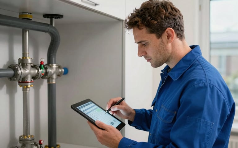 A technician inspecting water pipes in a clean, modern utility room of a Northern European / German / Hamburg home. Use of a digital tablet for diagnostic results. Professional, trustworthy mood, Deep Ocean Blue colors.
