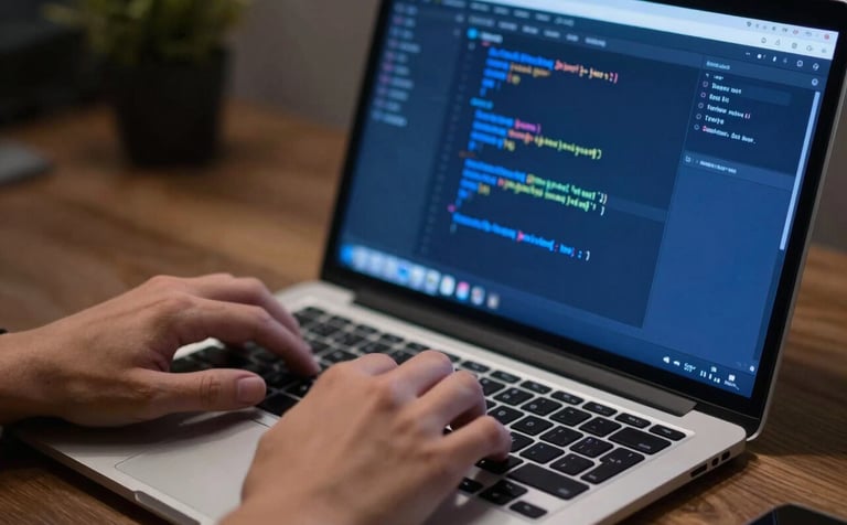 A close-up shot of a developer's hands typing on a modern keyboard in a dim, focused workspace. The laptop screen displays professional code in a dark mode editor with royal sapphire blue highlights. The mood is technical, focused, and forward-thinking.