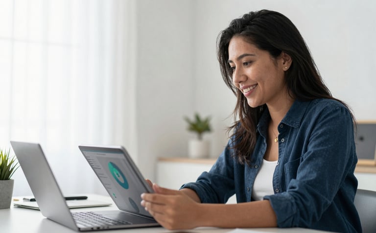 A bright, modern home office where a Peruvian professional is smiling while looking at a tablet showing a data visualization dashboard. The lighting is soft and natural (ice white), creating an accessible and empowering mood.