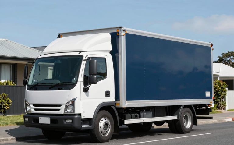 A professional white and dark charcoal blue moving truck parked on a quiet residential street in New Zealand, bright daylight, clear sky, clean and modern aesthetic.