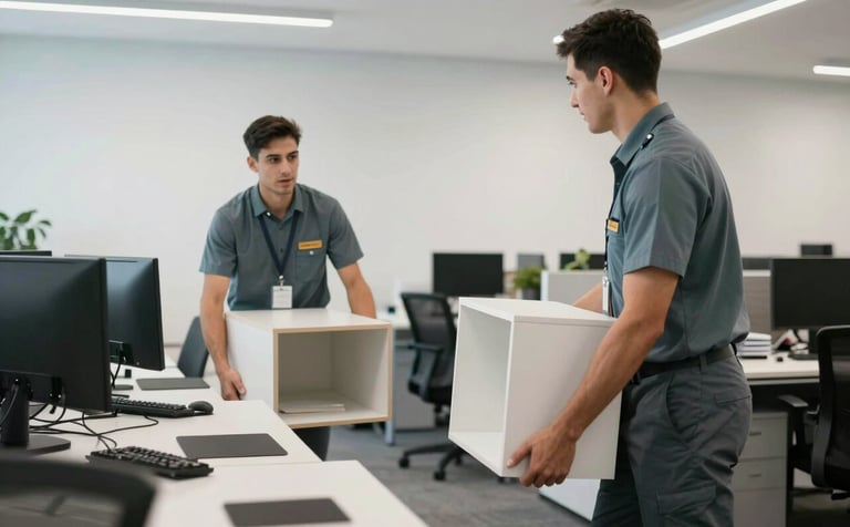 Movers in slate grey-teal uniforms carefully moving office furniture and computer monitors in a bright, modern corporate office with crystal white walls.