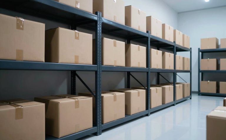 Clean, well-organized storage facility with neatly stacked cardboard boxes on dark charcoal blue shelving, bright crystal white floor and cool mist blue lighting.