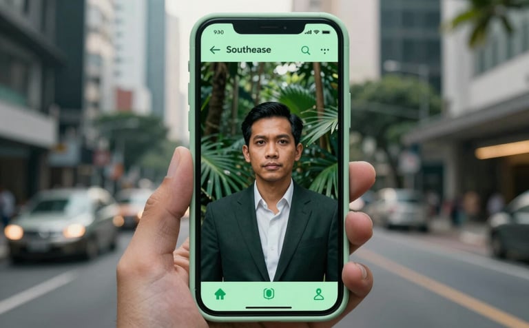 A close-up photograph of a professional in a modern Southeast Asian / Indonesian urban setting using a mobile app with a pale mint green interface. The background is a softly blurred city street with natural morning lighting. Incorporates deep forest green accents.