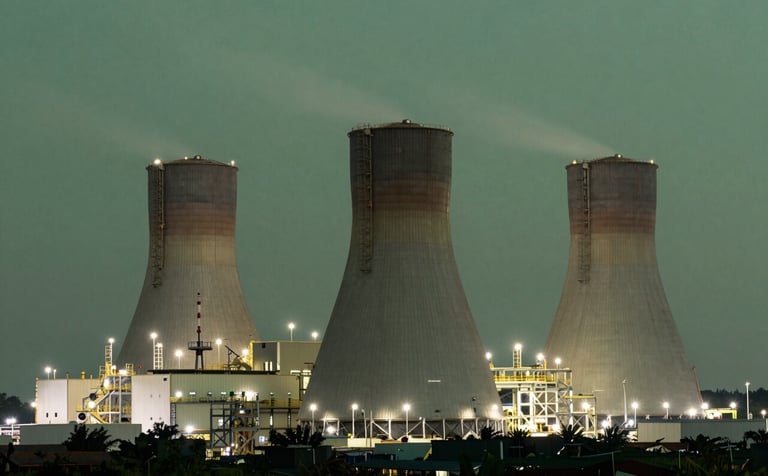 A high-tech waste-to-energy conversion plant located in a Southeast Asian / Indonesian industrial park during twilight. The facility is illuminated with soft mist white lights against a deep sage green sky, showcasing a modern and sustainable energy solution.