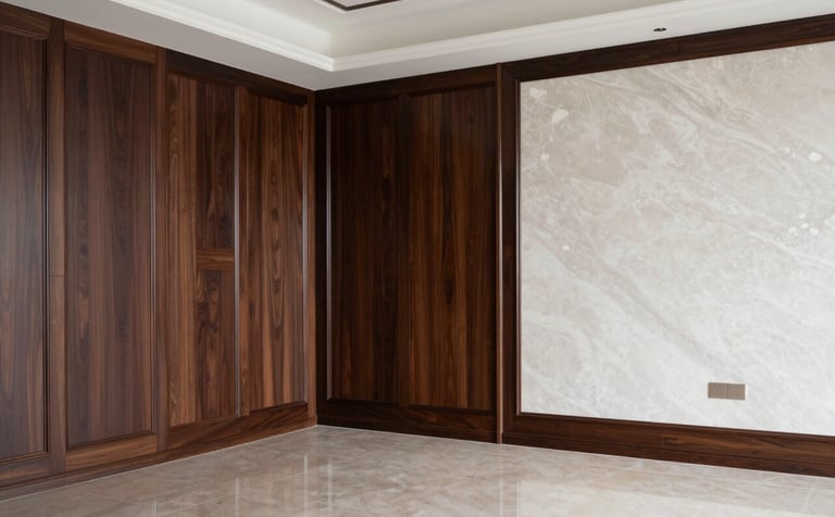 A finished interior living room showcasing high-end craftsmanship. Features deep cocoa wood paneling, misty alabaster walls, and polished flooring. The composition is clean and minimalist, highlighting modern luxury and sophisticated reliability.