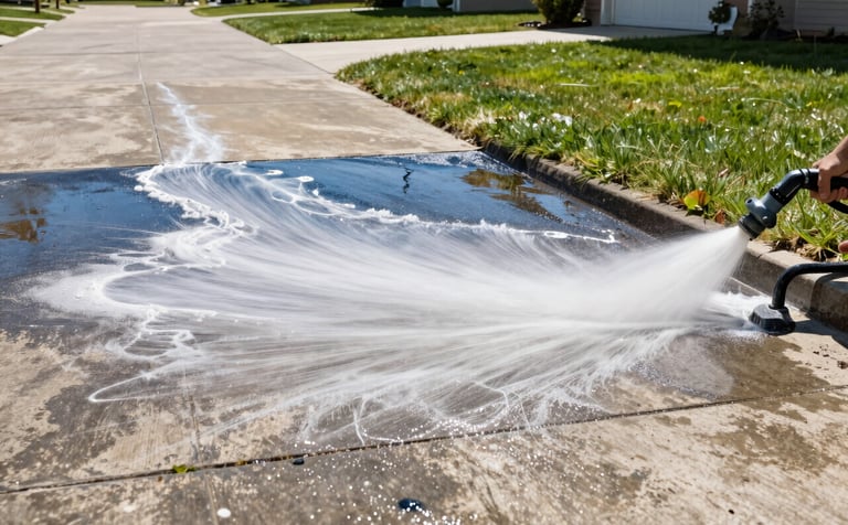 A high-pressure water stream cleaning a weathered concrete driveway in a North American / US suburban neighborhood. The cleaned path is a bright soft pearl white, contrasting with the dark navy blue wet spots and the surrounding green lawn. Crisp, bright daylight style.