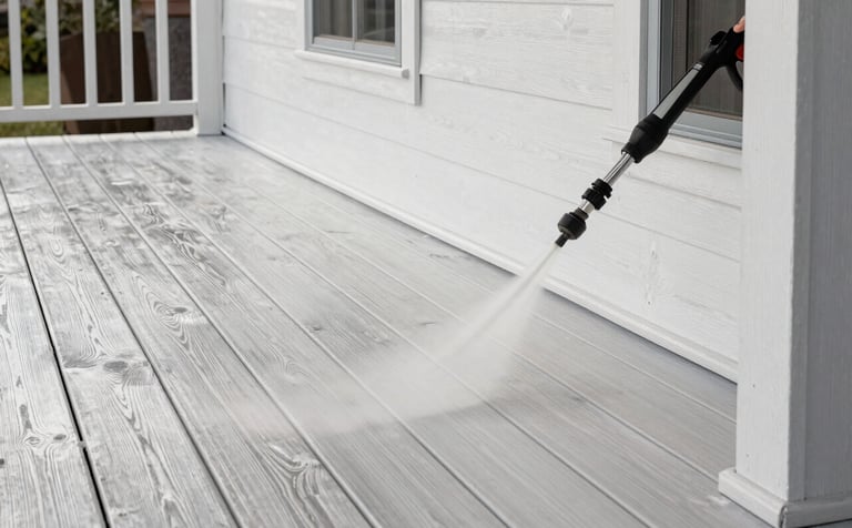 A beautiful wooden porch in a North American / US home setting, looking pristine and clean. The wood texture is rich with soft pearl white light reflecting off the surface. A professional pressure washing wand is visible in the corner, with muted slate gray accents in the shadows.
