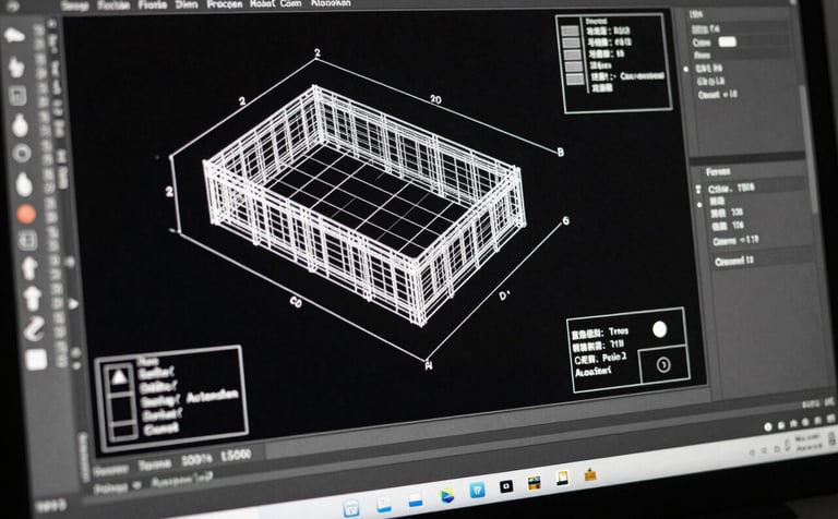 Macro photography of an AutoCAD workstation screen showing complex white technical drawings on a dark background. The scene reflects a professional architectural firm in Florida, emphasizing precision and modern technology. High contrast black and white style.