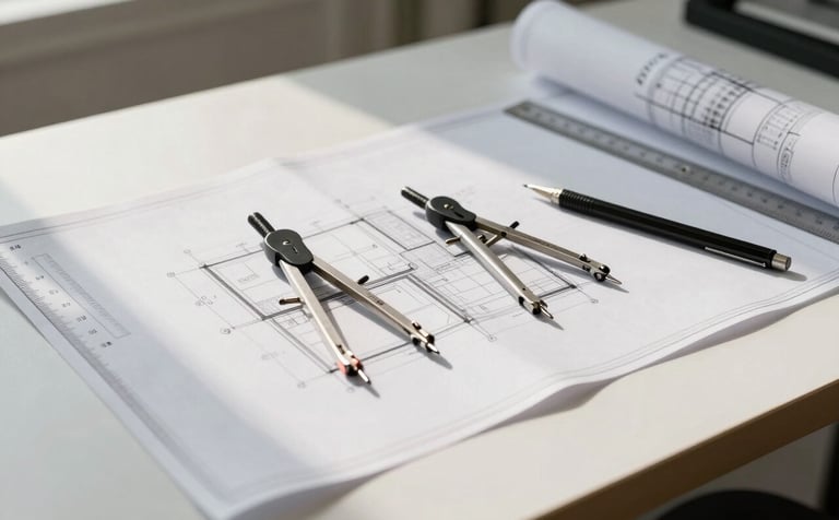 A professional high-angle photograph of a clean, minimalist drafting table in a bright North American Florida studio. Detailed white architectural blueprints are spread out next to a high-quality compass, a mechanical pencil, and a steel ruler. Soft, warm morning light creates a clean, technical atmosphere with a white and black color palette.