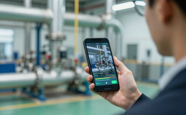POV shot of a manager using a mobile device with an AR overlay. The screen shows real-time thermal analysis of industrial pipes. The environment is a clean, modern manufacturing plant with #2C5D6C teal accents.