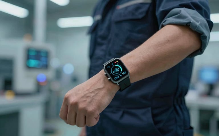 A close-up, high-tech shot of an industrial engineer wearing a sophisticated smartwatch tracking bio-data on a factory floor. The lighting is sharp and futuristic, incorporating deep navy #0A1D2B and aqua #8DBEB7 tones in the background bokeh.