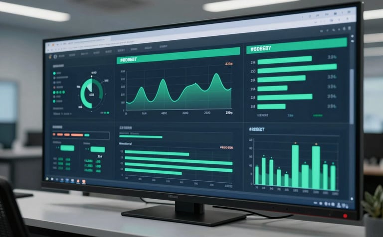 A sophisticated dashboard on a large screen displaying complex data visualizations, green progress bars #8DBEB7, and carbon reduction graphs in a sleek control room.