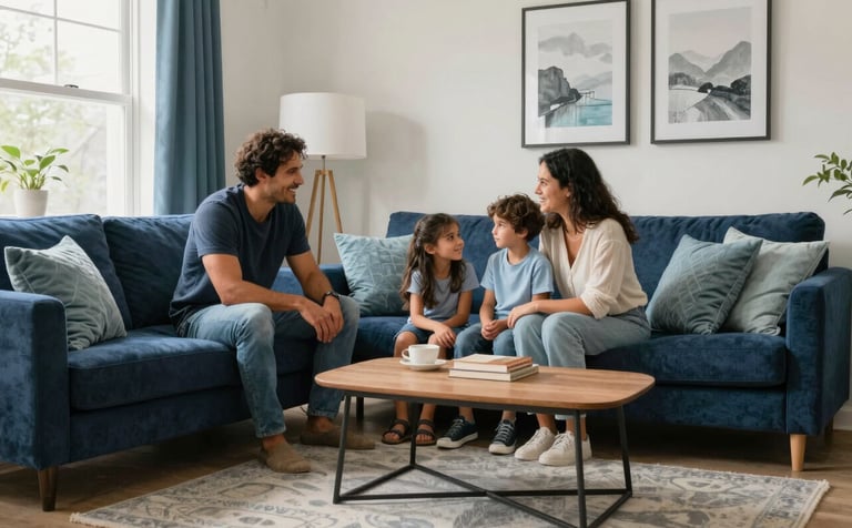 A warm, candid photograph of a North American family in a bright, modern living room. The setting reflects comfort and security with soft daylight. The color palette incorporates deep navy and light blue accents in the decor, creating a trustworthy and sophisticated atmosphere.