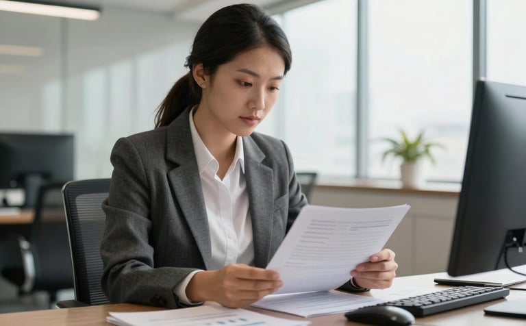 A professional accountant reviewing financial documents in a modern South American / Brazilian office, natural lighting, elegant and clean aesthetic, dark slate grey and soft off-white tones.