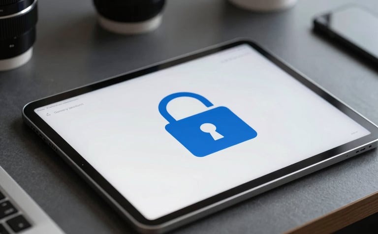 A close up of a secure digital tablet displaying financial data with a padlock icon on a modern desk in a South American / Brazilian setting, conveying privacy and data protection, dark slate grey and medium blue tones.