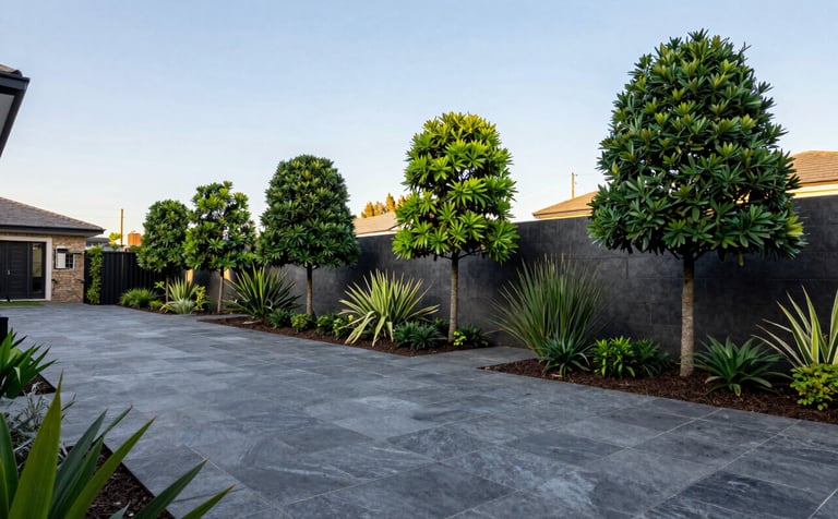 Professional landscaping and maintenance in a Southern African residential garden. Wide shot showing neat paving stones and perfectly trimmed trees. The aesthetic is sharp and clean, featuring dark charcoal grey stone textures and vibrant greenery under a clear sky.