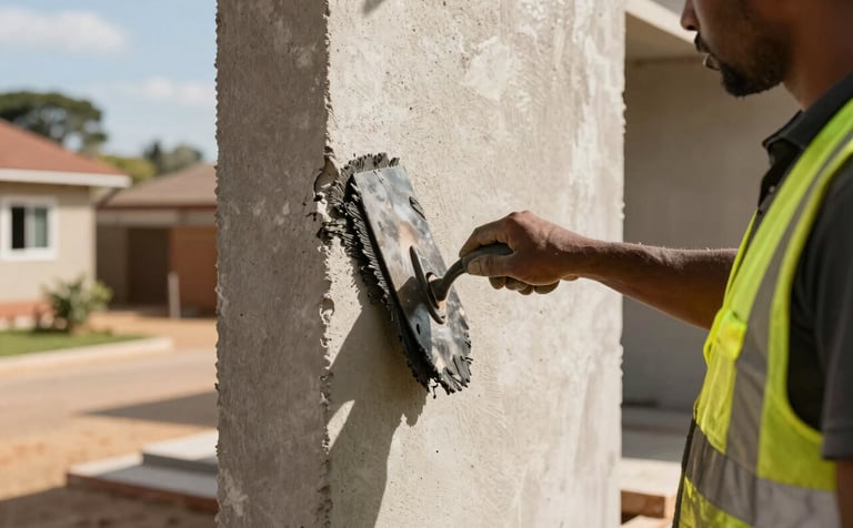 A high-end construction project in a Southern African suburb. A skilled professional is using a trowel for precise wall skimming. The scene is bright with natural sunlight, showcasing deep black tools and a clean bold amber yellow accent on the worker's safety gear. Premium architectural finish.