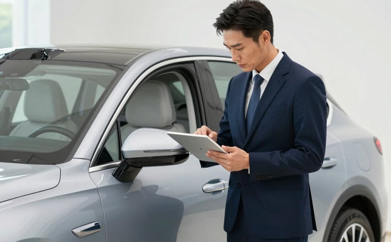 A crisp, high-end photograph of a silver modern car in a bright showroom. A professional in a sharp dark navy blue suit stands nearby, using an ice white tablet to show vehicle history. The lighting is clean and natural, reflecting sky blue accents from the interior design, conveying trust and transparency.