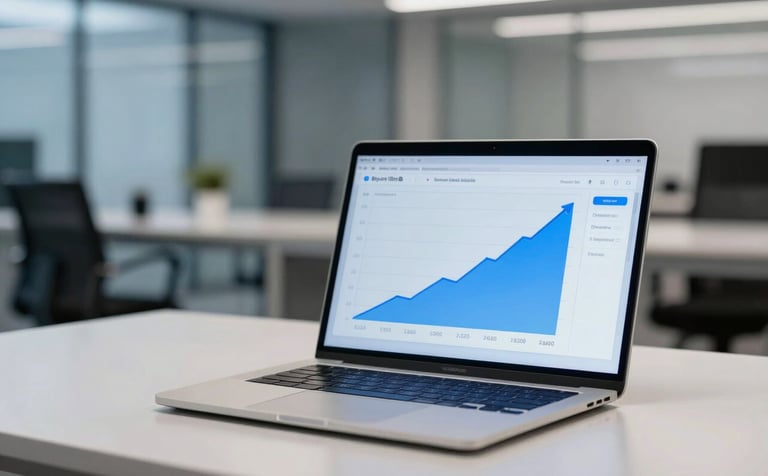 An eye-level shot of a modern, streamlined workspace in Brazil. In the foreground, a laptop screen displays a simplified growth chart in sky blue. The background is softly blurred, showing a professional environment with steel blue and ice white colors. Efficient and data-driven atmosphere.