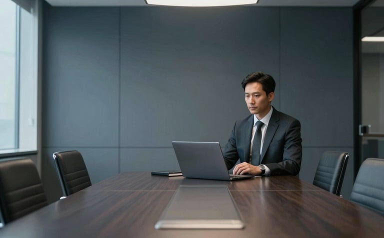 A sophisticated North American / US boardroom with clean lines and a masculine, minimalist aesthetic. Polished dark surfaces and architectural lighting emphasize a serious, results-driven professional environment. Tones of slate grey and deep blue predominate.