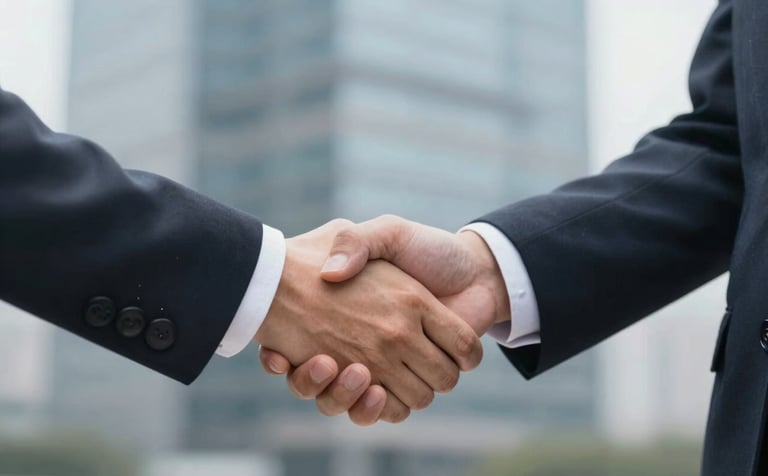 A professional handshake between two people in business attire, close-up shot, representing trust and financial partnership. The background is slightly blurred with corporate architecture in #A7B9C7 tones.