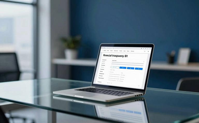 A high-end, modern office setting with clean lines, featuring a glass desk and a silver laptop, symbolizing transparency and efficiency in financial registration. The lighting is soft and professional, incorporating deep blue #1E3A5F tones in the decor.