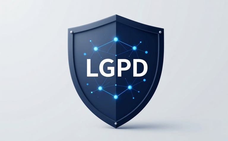 A conceptual image of a digital shield and blue glowing data nodes, symbolizing the LGPD data protection. Minimalist and clean aesthetic with #0F1A2C and #F5F7F9 contrast.
