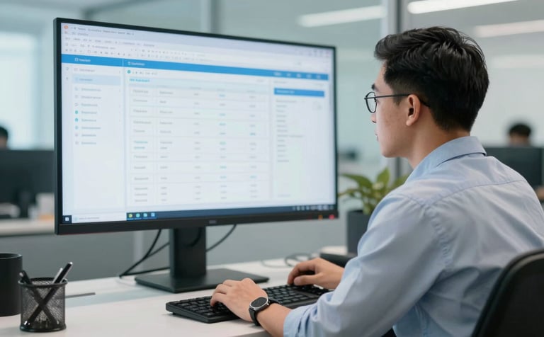 A professional analyst in a modern Southeast Asian / Indonesian office setting, looking at a large wall-mounted monitor displaying clean data dashboards. The lighting is bright and professional, incorporating soft cerulean and mist blue tones in the environment.