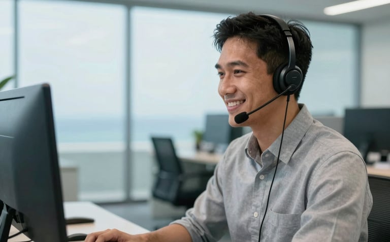 A customer support representative wearing a professional headset, smiling while working in a sleek, modern Southeast Asian / Indonesian corporate office. The background is slightly blurred with ocean blue accents and glass partitions.