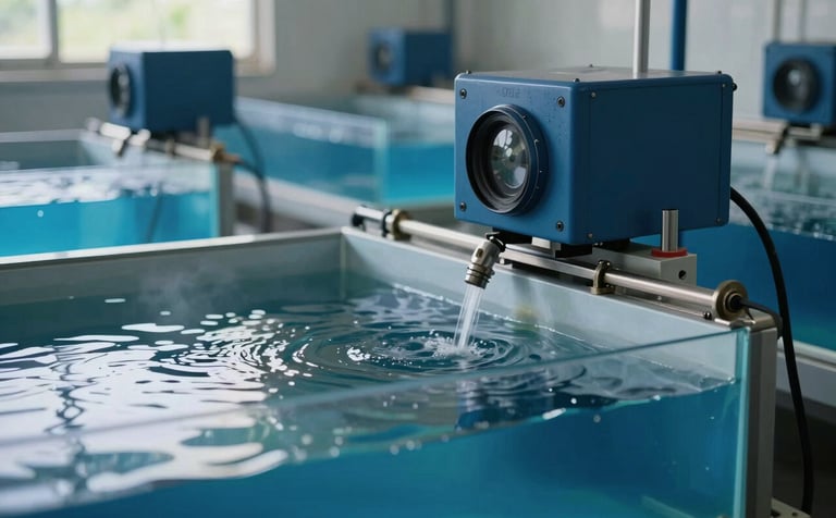 Clean, high-tech fish farming equipment inside a sustainable Southeast Asian / Indonesian aquaculture facility. Soft natural light reflects off clear water tanks, featuring mist blue and dark slate blue color palette.