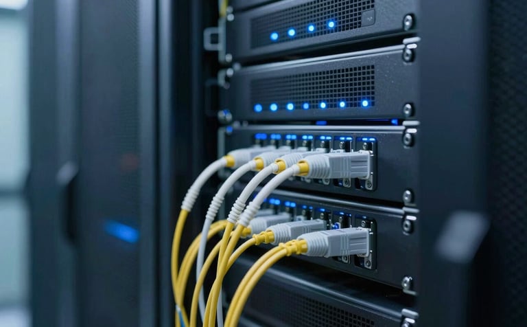 A sophisticated close-up of a high-end data center server rack with subtle blue LED indicators and neatly organized fiber optic cables. The composition conveys precision and reliability. The color scheme is dominated by #0B1A2A and #345D7E, emphasizing advanced technological integration.