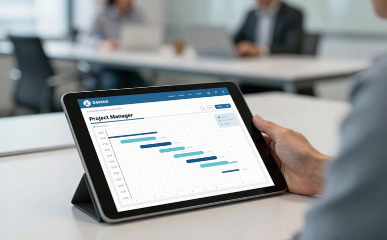 A technical project manager's workspace featuring a tablet with a Gantt chart and blueprints. In the background, a blurred modern boardroom suggests high-level supervision. The style is clean and corporate, utilizing #899DAF and #DDE4EB for a crisp, organized feel.