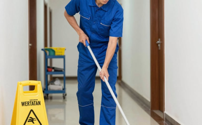 Interior of a modern South American residential building lobby with marble floors. A professional cleaner is maintaining the common area, reflecting a sense of luxury, order, and meticulous care. Soft sunlight coming through glass doors.