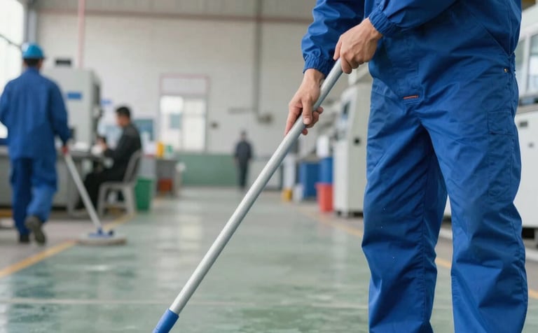 professional industrial cleaning technician in a South American factory setting, operating a large industrial floor scrubber on a polished concrete surface. Bright, clear lighting emphasizing efficiency and cleanliness, with subtle green and orange safety gear visible.
