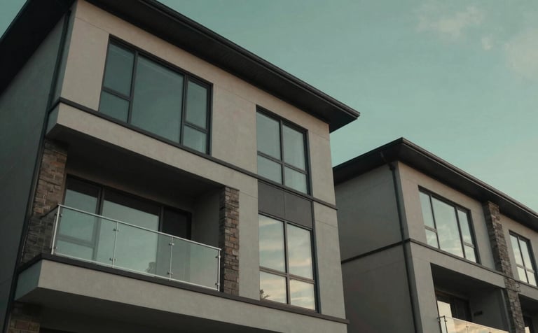 A low-angle shot of a modern North American / US residential development with clean lines, glass windows reflecting a deep sage green sky at dusk.
