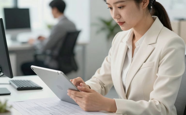 A professional property manager in a soft off-white North American / US office environment, reviewing digital plans on a light sage grey tablet, clean modern aesthetic, soft daylight.