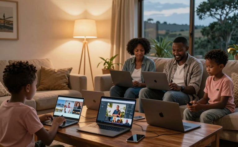 A family in a comfortable Southern African living room at dusk, several devices active, warm light from a floor lamp. The atmosphere is cozy and suggests a high-capacity network supporting multiple users simultaneously.