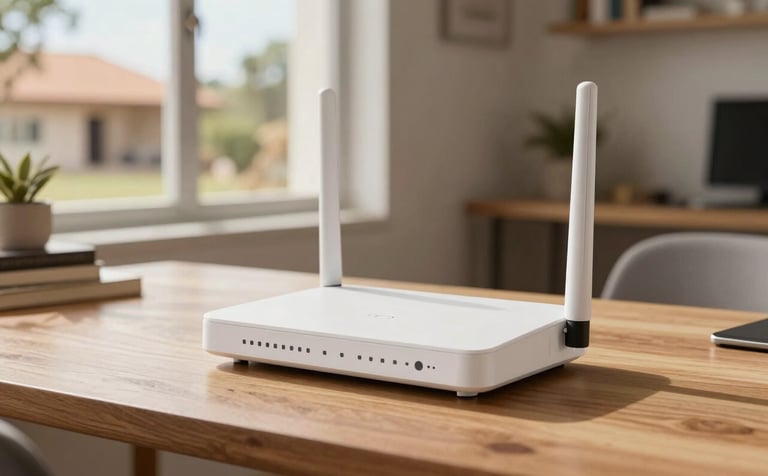 Professional photography of a sleek, white modern LTE router sitting on a clean wooden desk in a bright, sunlit Southern African home office. The background is softly blurred showing a glimpse of local architecture through a window. Natural lighting, high-end feel.
